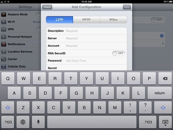 Настройка VPN на iPad — экран добавления конфигурации
