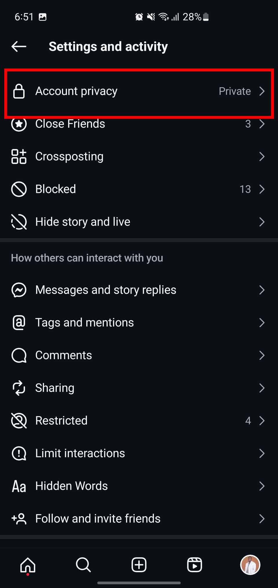 Параметр конфиденциальности аккаунта в настройках Instagram.