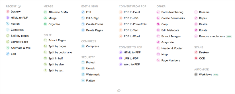 Список всех инструментов в редакторе Sejda