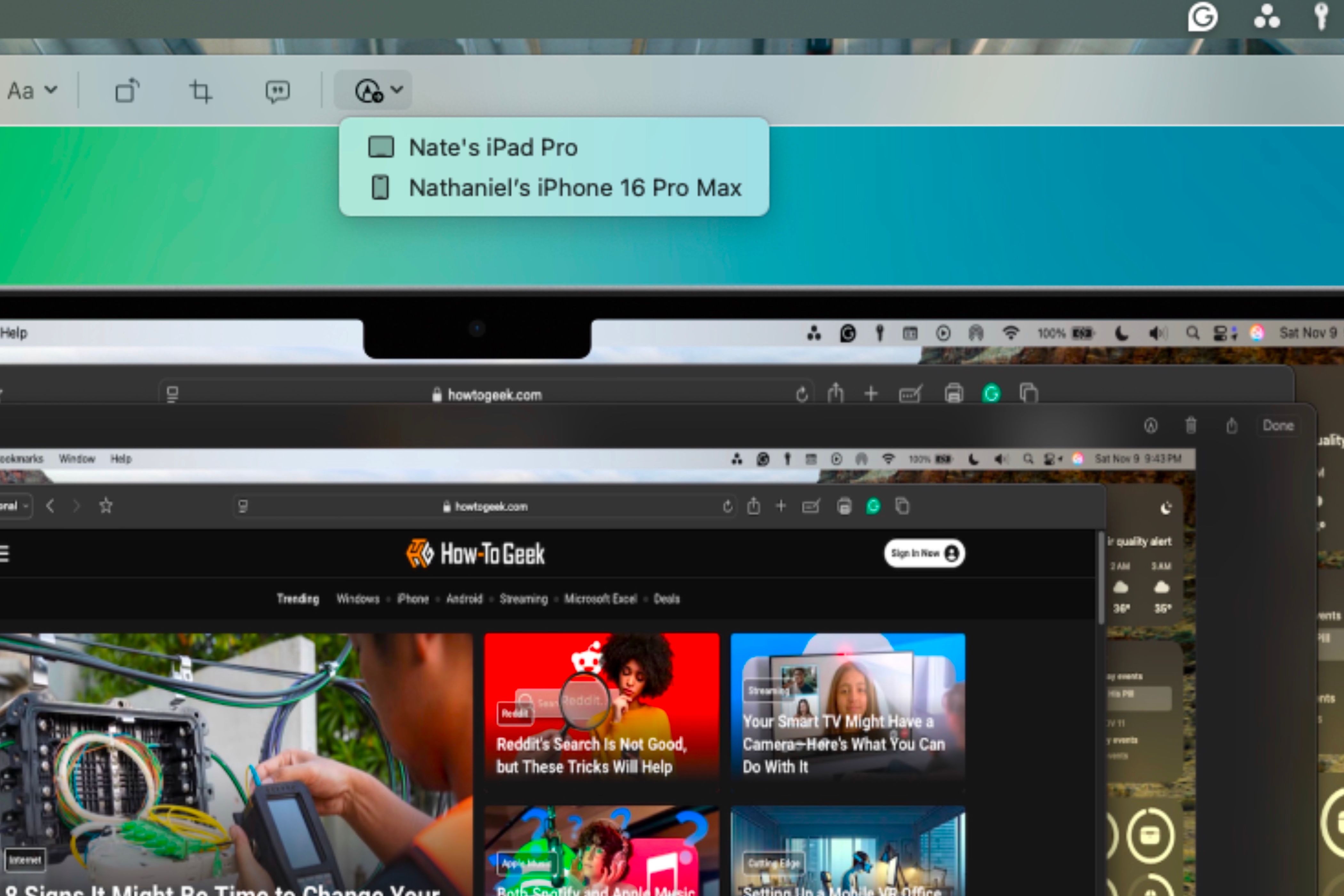 Выбор устройства для редактирования документа с Mac на iPad или iPhone.