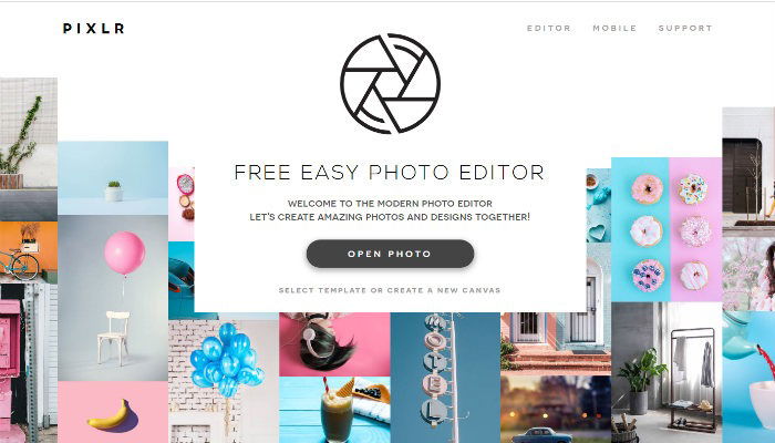 Интерфейс Pixlr X с панелью инструментов слева и холстом справа