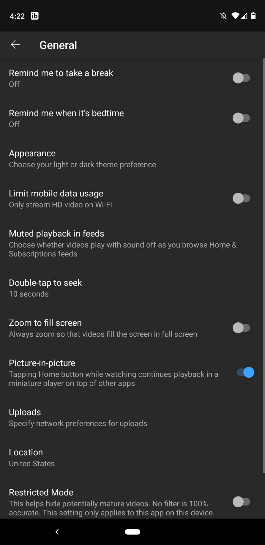 Пункт «Вид» в настройках YouTube