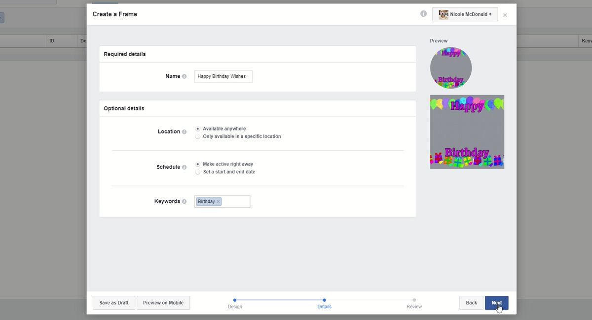 Указание имени и ключевых слов для рамки