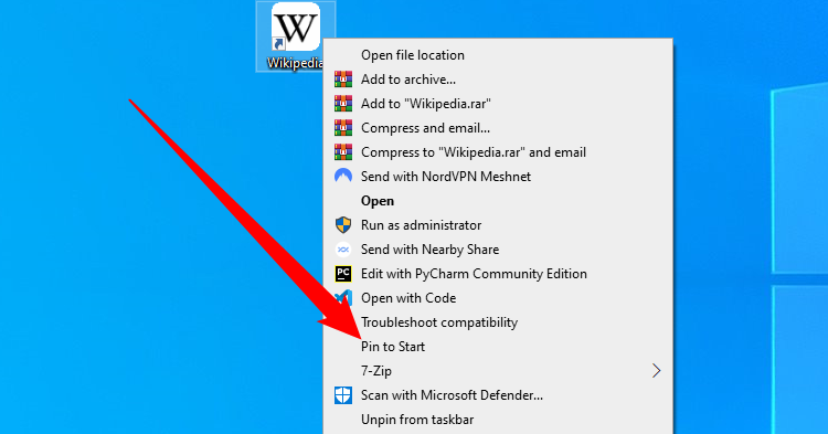 Нажмите правой кнопкой по ярлыку и выберите 'Pin to Start'.