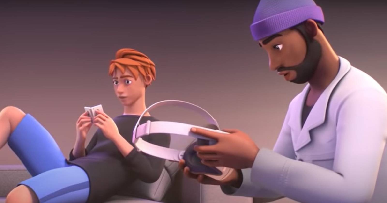 CGI двух мужчин, распаковывающих гарнитуру Quest 2