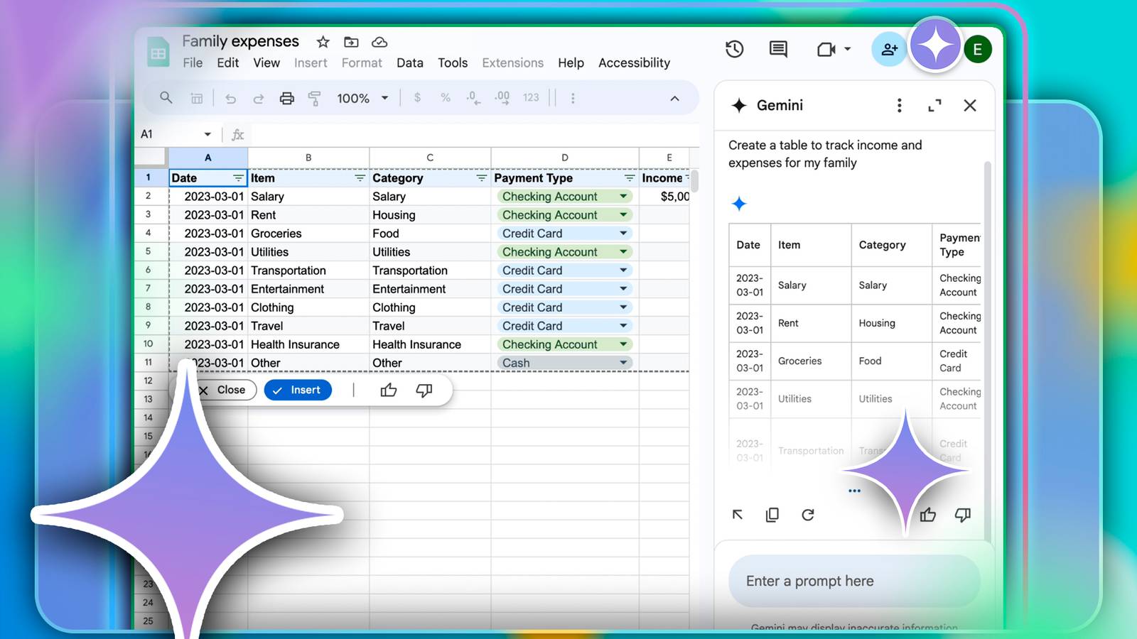 Таблица Google Sheets с выделением использования Gemini.