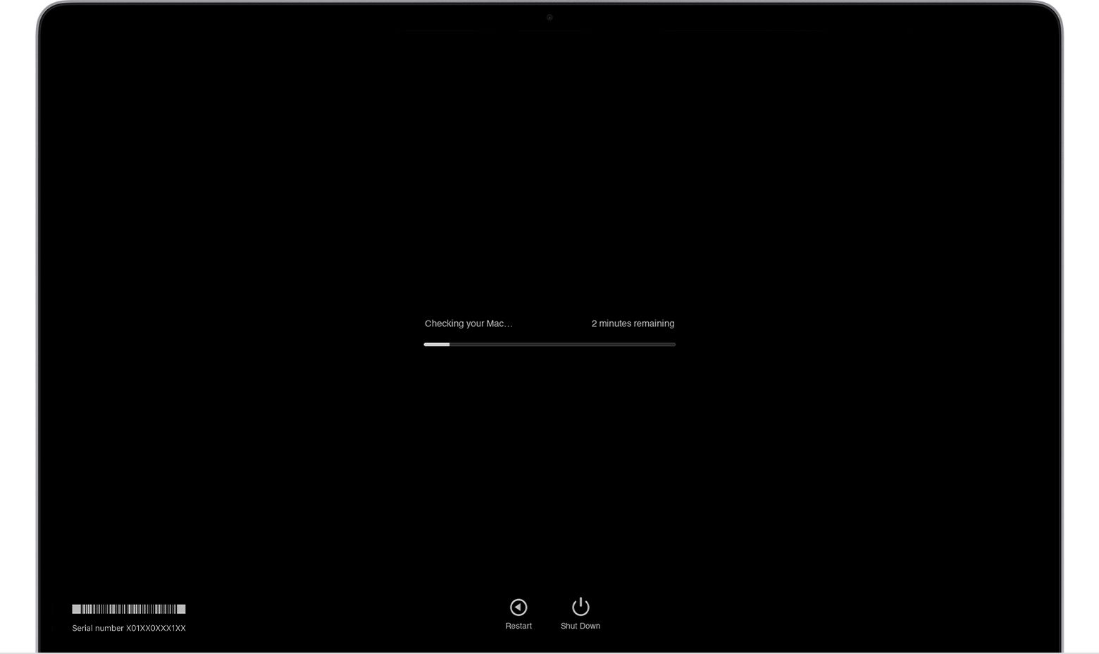 Чёрно-белый скриншот: запуск Apple Diagnostics в macOS.