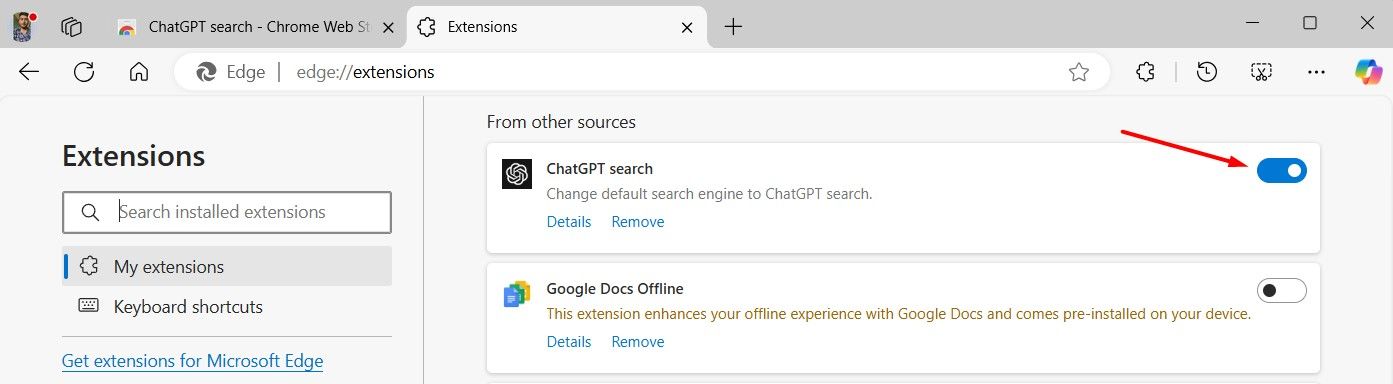 Переключатель ChatGPT Search на странице расширений Edge.