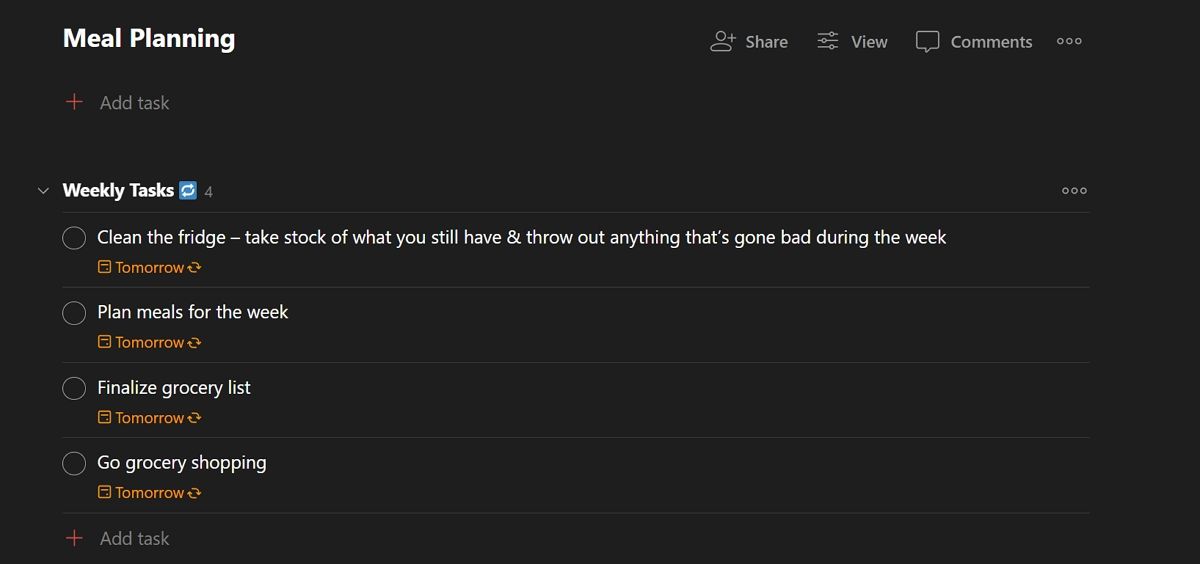 планирование питания в Todoist