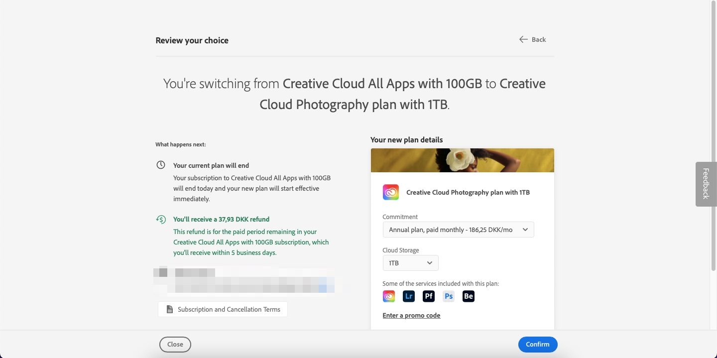 Скриншот: подтверждение выбора плана Adobe