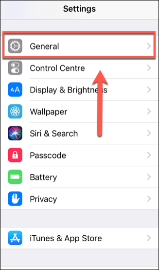 Нажмите Общие в настройках iOS
