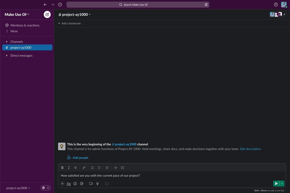Поле сообщения Slack с вопросом «Насколько вы довольны текущим темпом нашего проекта?»