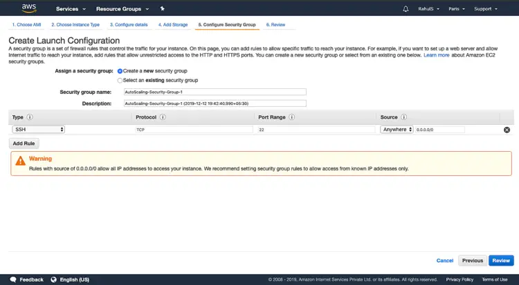 Создание новой security group с доступом по SSH
