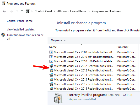 Удаление Visual C++ Redistributable в панели управления