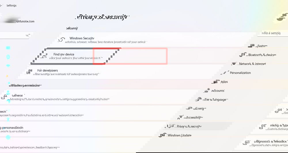 Навигация к Find My Device в параметрах Windows 11.