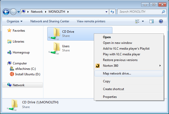 Контекстное меню сетевого ресурса с опцией «Подключить сетевой диск»
