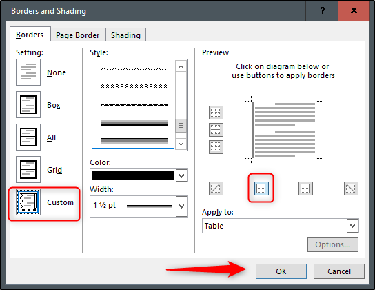 Настройка границ таблицы