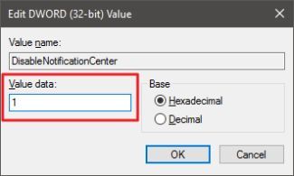 Установите значение DisableNotificationCenter = 1 и нажмите ОК.