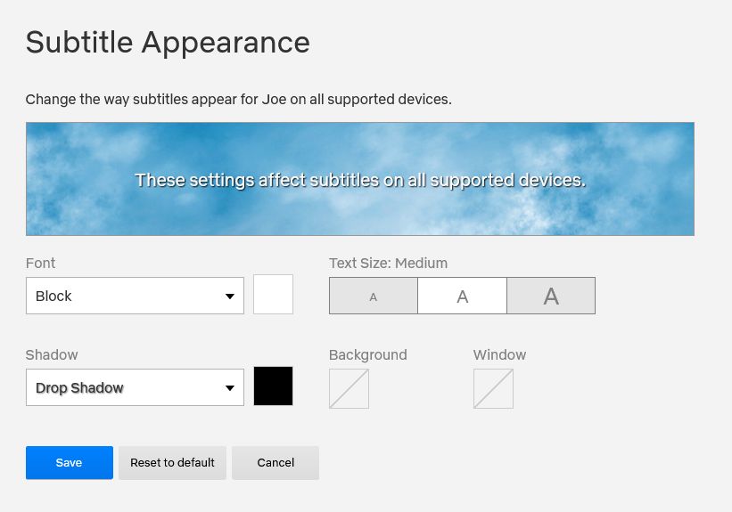 Пример настроек внешнего вида субтитров Netflix в веб-интерфейсе