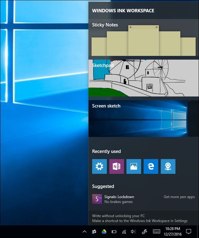 Рабочая область Windows Ink с ярлыками для заметок и приложений