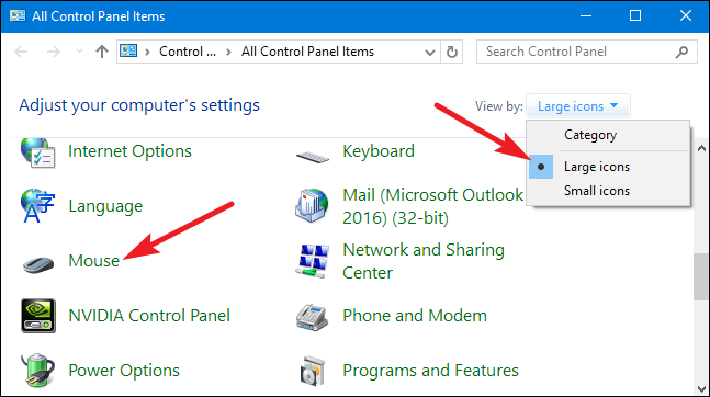 Параметры в Панели управления: пункт 'Мышь' и переключатель 'Просмотр'