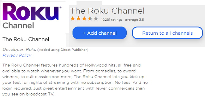 Пример интерфейса The Roku Channel с рекламой
