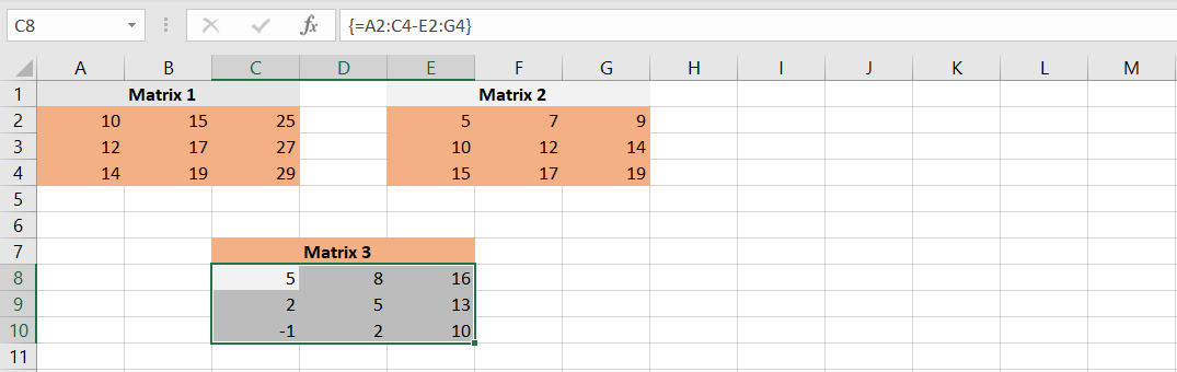 Subtracting Matrices in Excel