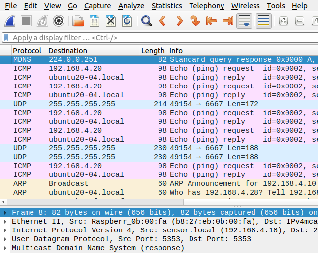 Столбец Info показывает запросы и ответы ping