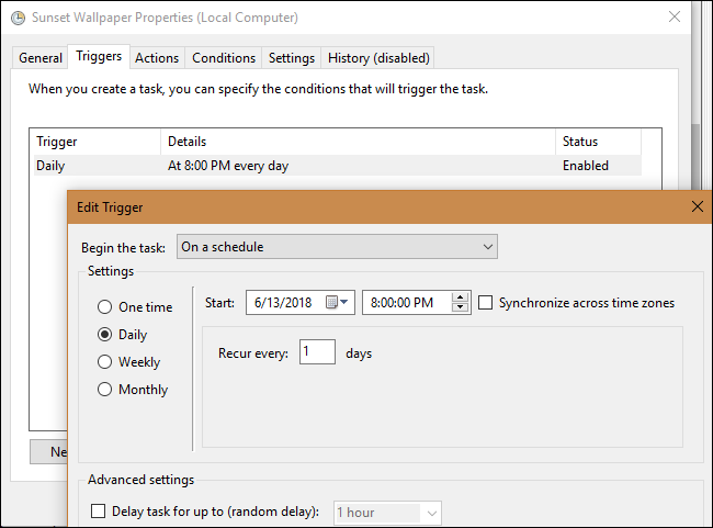 Редактирование триггеров задачи планировщика