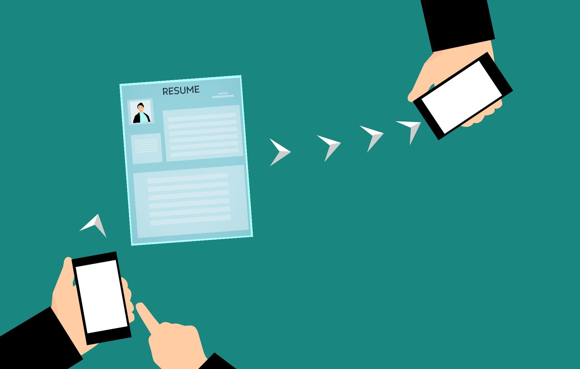 Резюме отправляется с мобильного телефона, стрелки указывают на загрузку