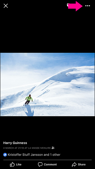 Скриншот мобильного приложения Facebook: меню с тремя точками и опцией Сохранить фото