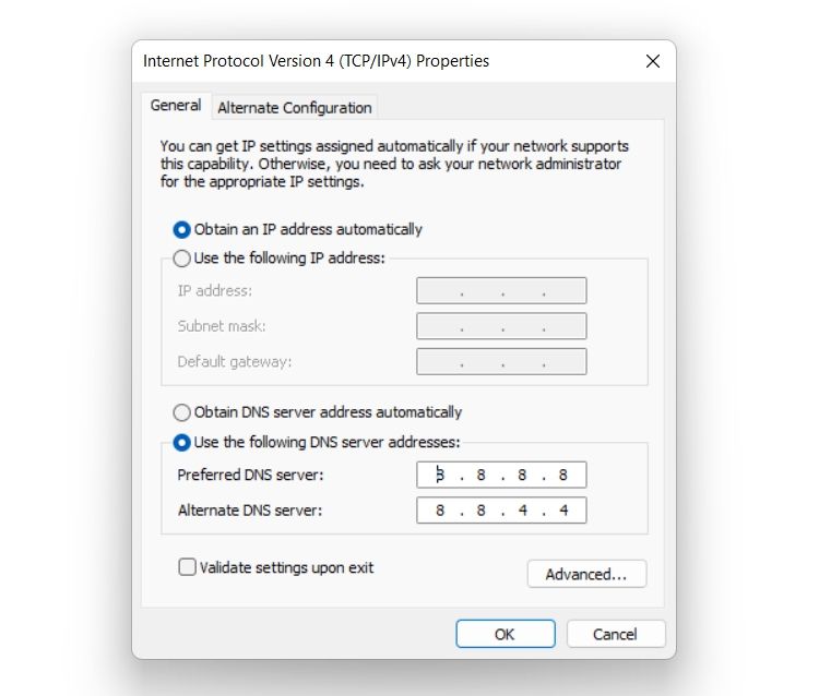 Свойства IPv4 с полями DNS серверов