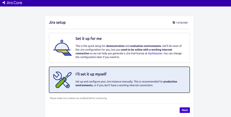 Экран приветствия мастера настройки Jira
