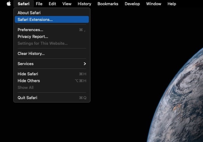 Установка расширений Safari: пункт меню 'Safari Extensions'