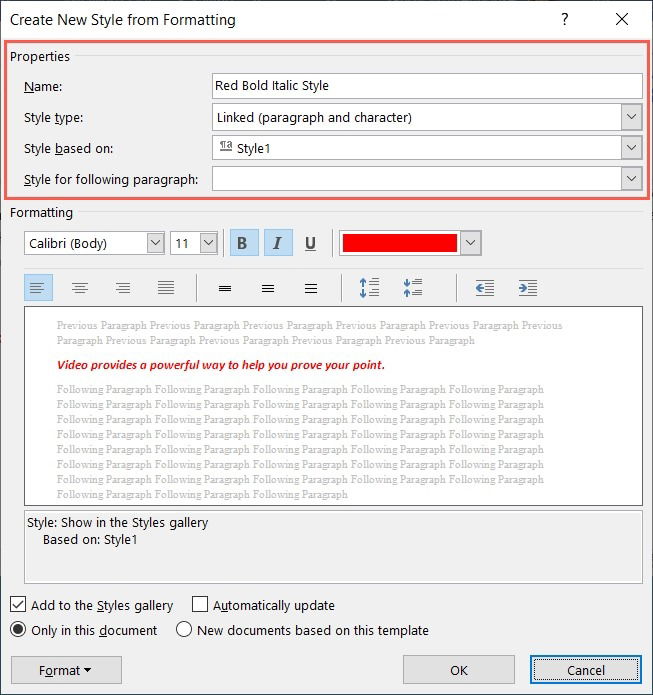 Параметры свойств нового стиля в Word
