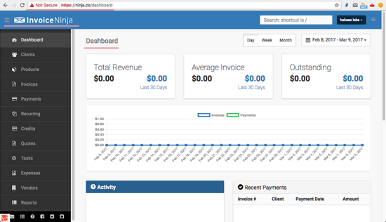 Стартовая панель Invoice Ninja