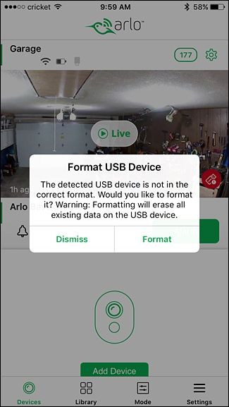 Подтверждение форматирования USB‑накопителя в приложении Arlo