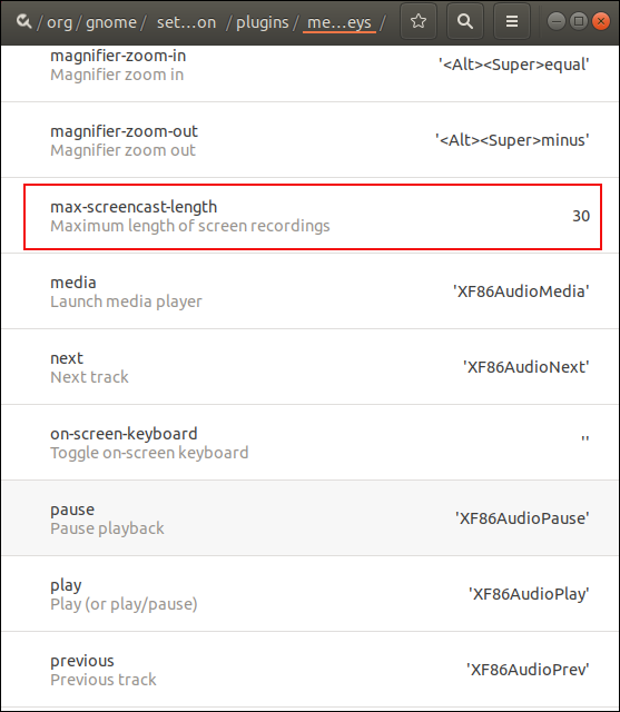 интерфейс dconf-editor с опцией max-screencast-length выделенной