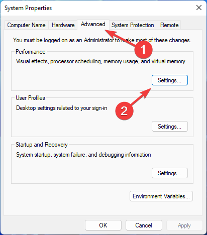 Параметры производительности в свойствах системы