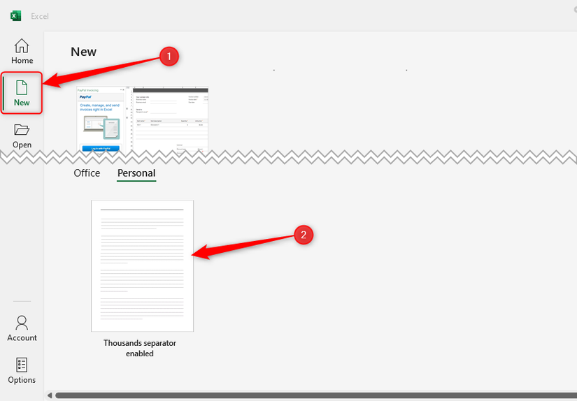 Выбор шаблона Thousands separator enabled в разделе Новые документы в Excel.
