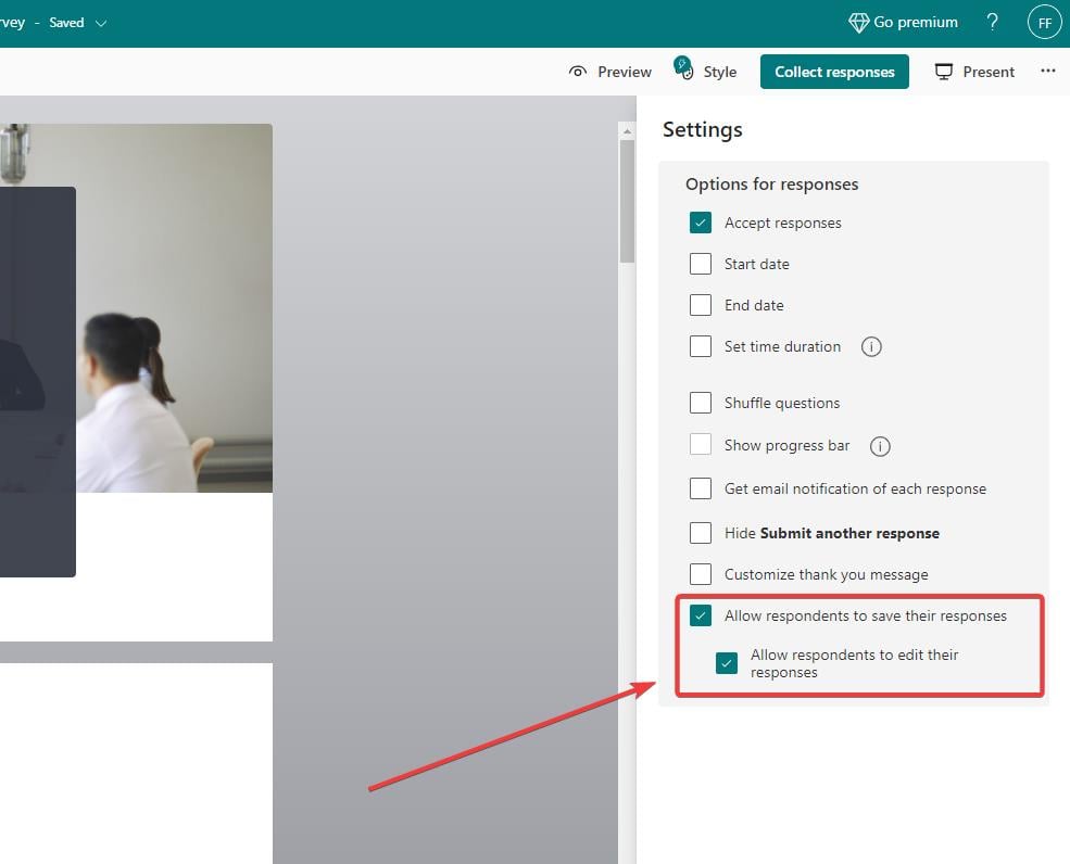 включение опций сохранения и редактирования ответов