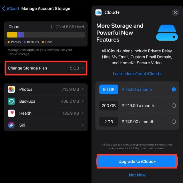 Нажмите изменить тариф и выберите iCloud+