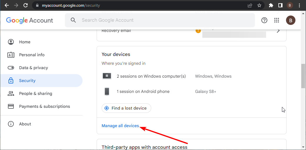 Кнопка 'Управление устройствами' в аккаунте Google