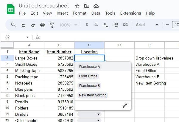 Работа выпадающего списка в Google Sheets.