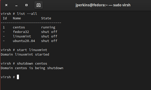 Примеры вывода virsh и virsh list