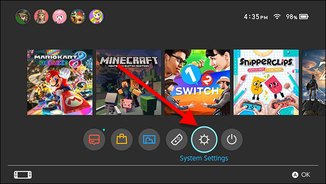 Главный экран Switch с выделенным пунктом Настройки