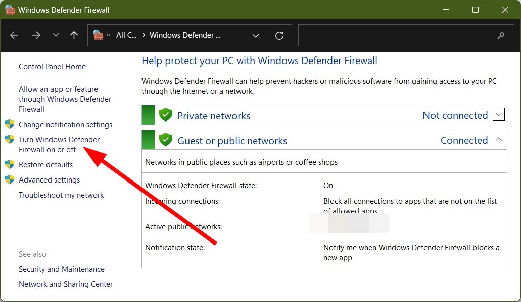 Параметры включения и отключения брандмауэра