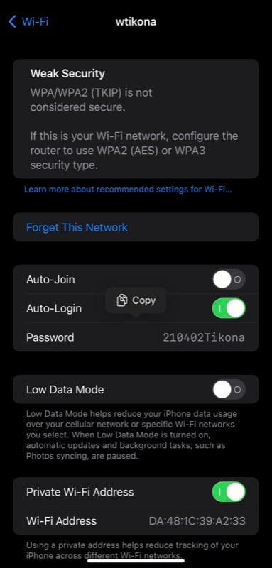 Всплывающее меню с опцией Копировать пароль Wi‑Fi на iPhone