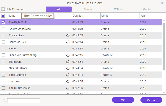 Список фильмов в M4VGear: выделен выбранный фильм для конвертации