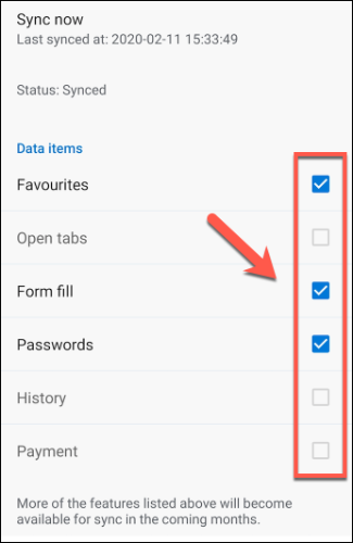Экран с флажками опций синхронизации в Microsoft Edge на Android